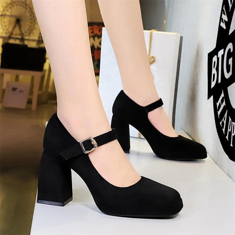 Retro Heel Thick Waterproof Platform Suede Shallow Mouth Square-head Zpaxo