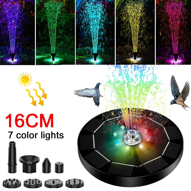 Solar Fountain Pump – 7 LED Lights, 6 Nozzles, Bird Bath Garden