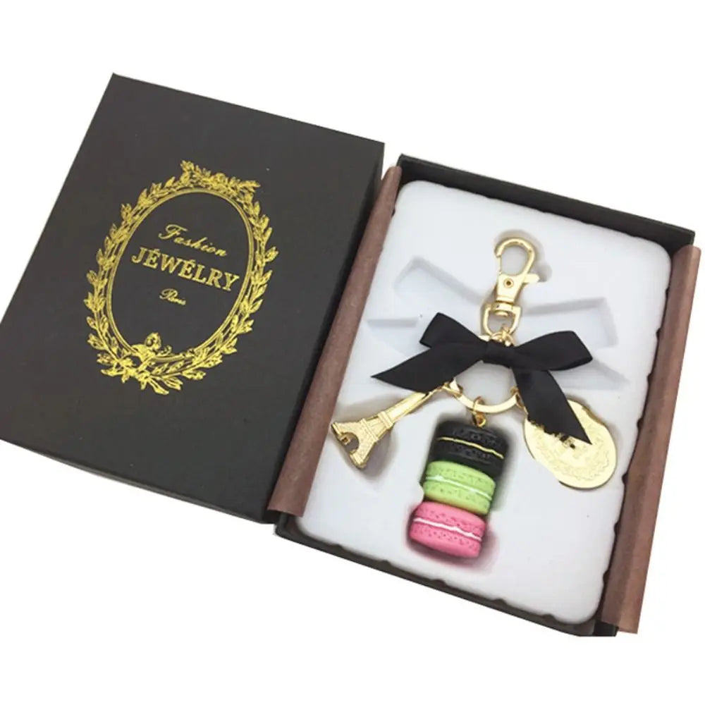 Alloy Bowknot Macaron Cake Pendant Bag Charm Gold Color Eiffel Tower Key Chains Kawaii Dessert Macaron Key Ring Women Girls Zpaxo