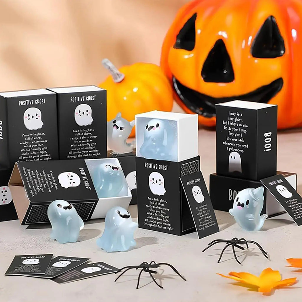 Mini Ghost Figurines Decorative Glow in the Dark Mini Ghost Figures with Box Cute Resin Glowing Spooky Decoration for Porch Zpaxo