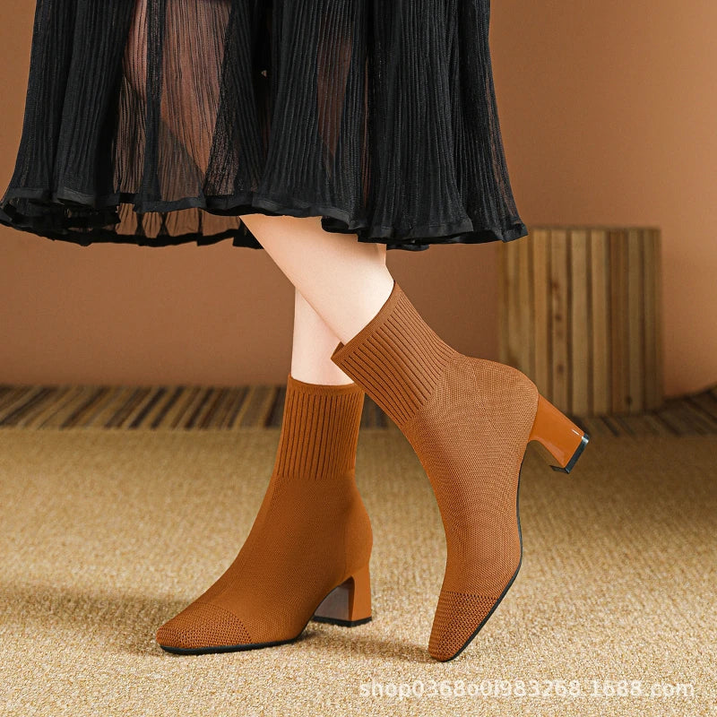 Black Square Toe Knit Sock Boots Elastic Slim Thick Block Heel Heels Zpaxo