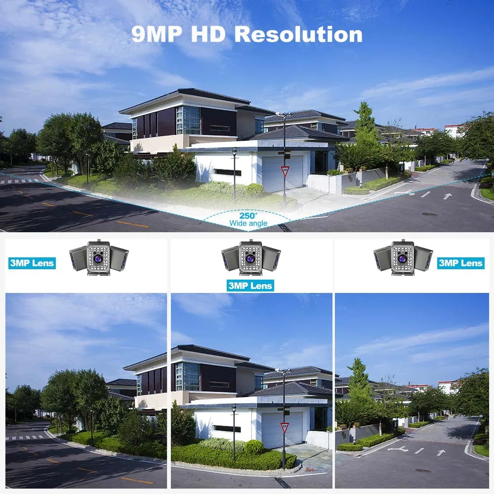 9MP WiFi Outdoor Camera Triple Lens Fixed 250° Wide Angle Panorama Cam Security Protection Motion Detection Video Surveillance Zpaxo