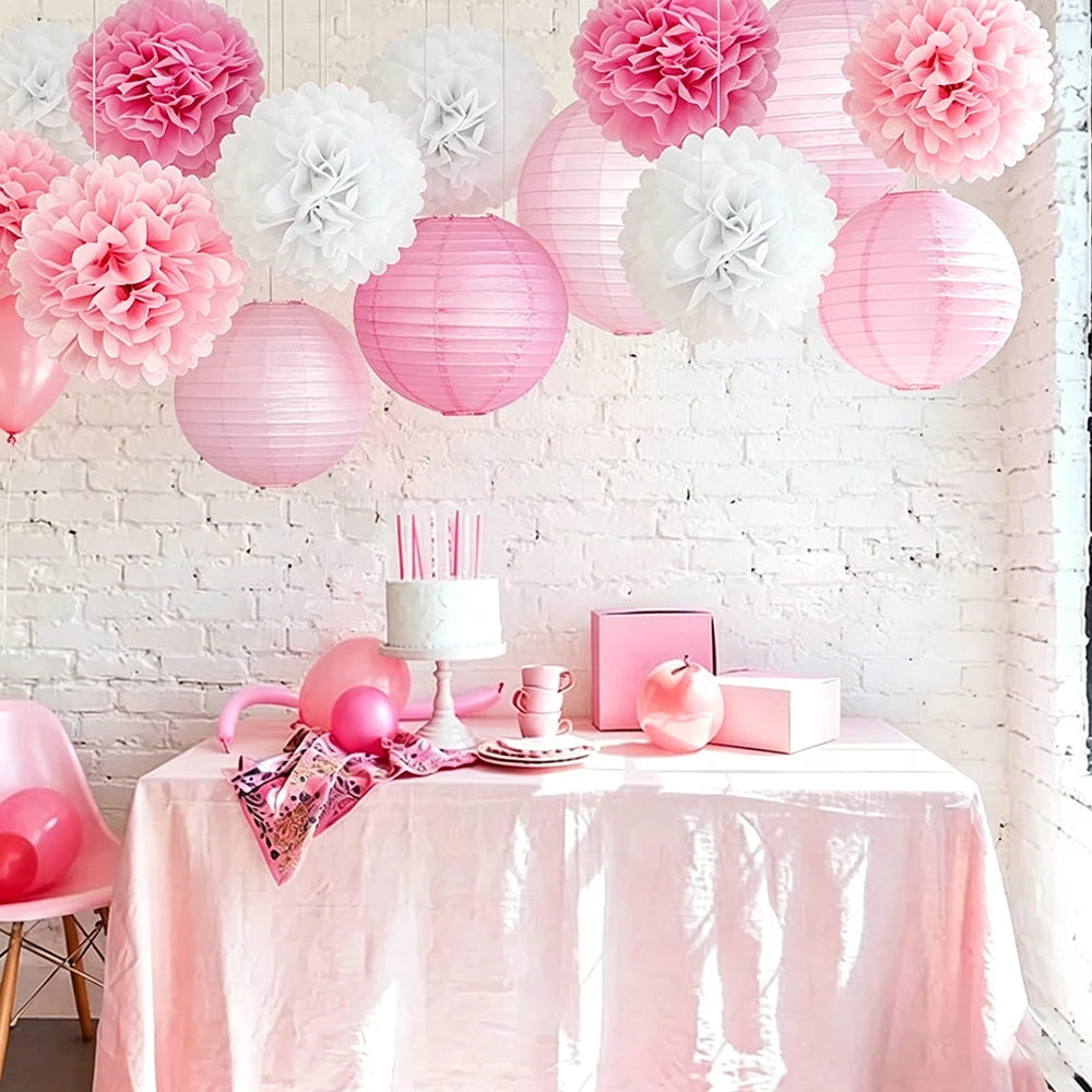 Pink White Paper Lanterns Tissue Pom Poms Bridal Shower Wedding