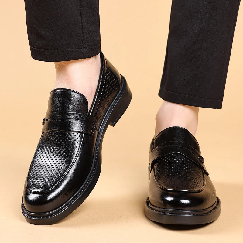 Mens Black Penny Loafers Perforated Detail Slip Comfortable Zpaxo