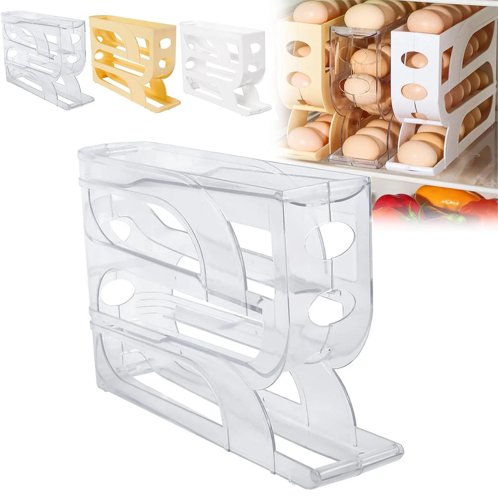 4-Tier Rolling Egg Holder – 18-Egg Auto-Feed Fridge Organizer