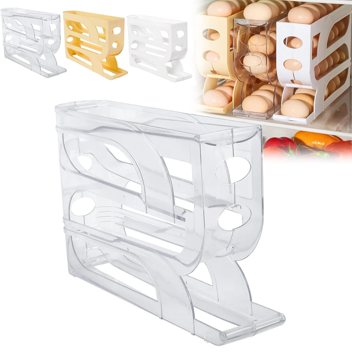 4-Tier Rolling Egg Holder – 18-Egg Auto-Feed Fridge Organizer