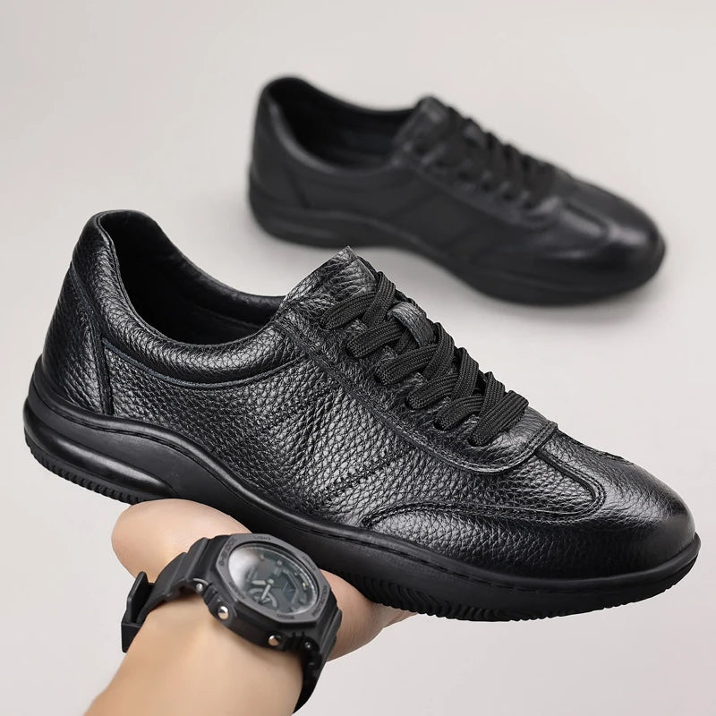 Mens All Black Leather Casual Sneakers Low Lace Up Comfortable Shoes Zpaxo