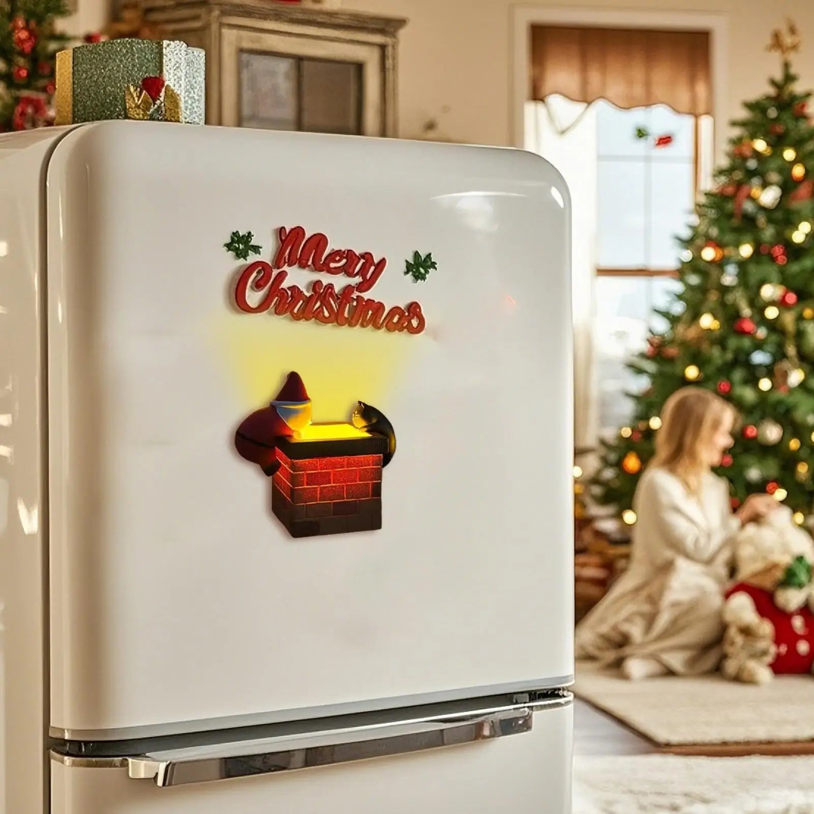 Fridge Magnets Glow Santa Claus Black Cat Climbing Chimney