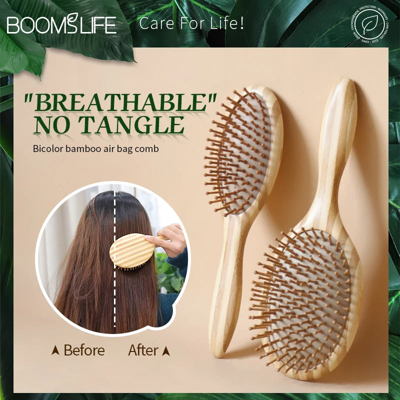 BOOMSLIF Custom Name Bamboo Hair Brush Women Wood Comb Wide Teeth Airbag Massage Scalp Brush Anti-static Hair Comb for Hair Loss Zpaxo