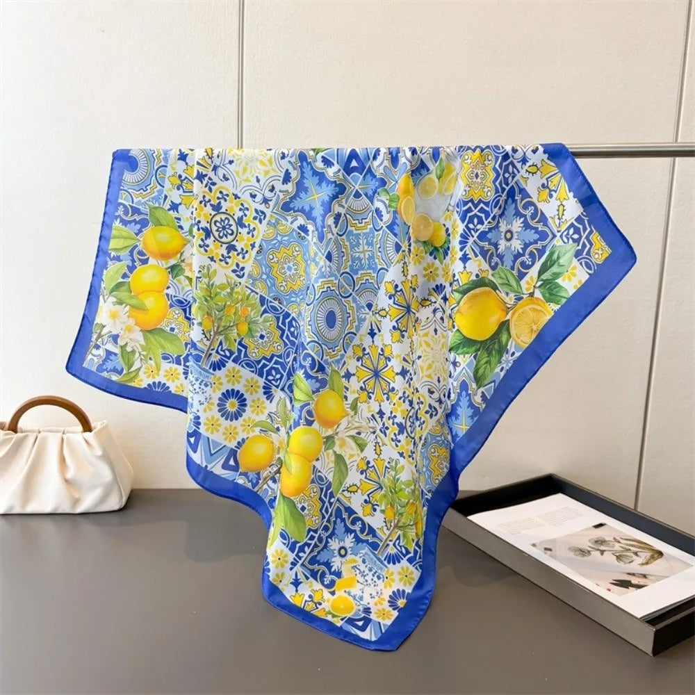 Fashion Printed Imitation Silk Scarf Square Lightweight Neckerchief Soft Headscarf Beach Travel Zpaxo Blue