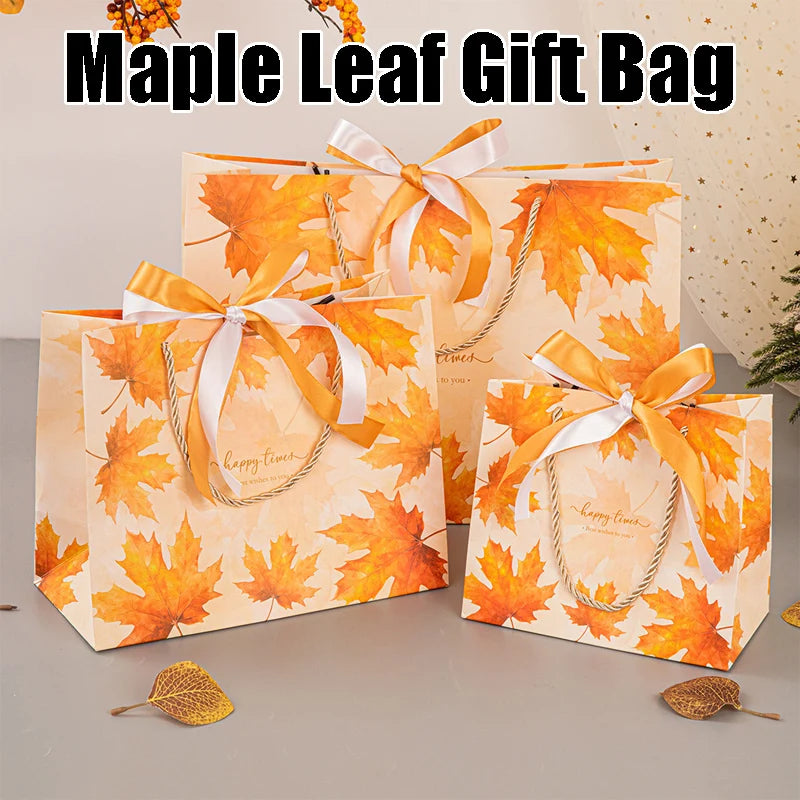 Maple Leaf Bag Ribbon Bow Paper Tote Handles Birthday Wedding Holiday