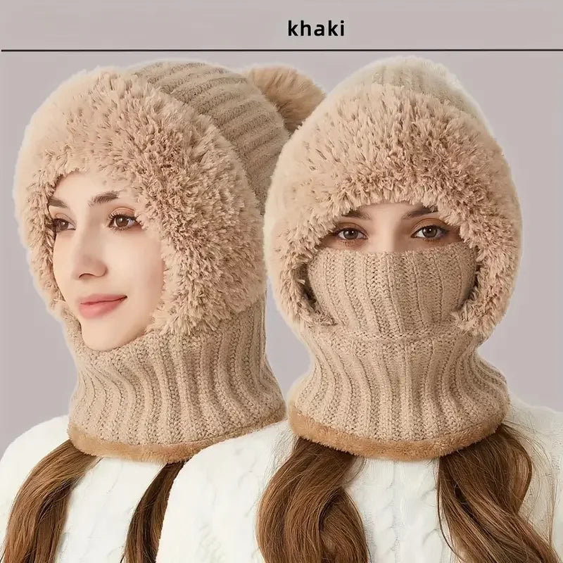 Winter Fleece-lined Knit Hat Ear Protection Windproof Integrated Hood