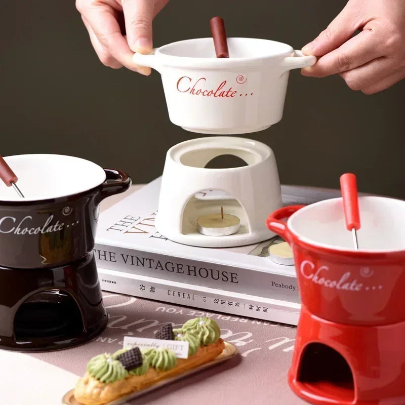 Ceramic Chocolate Melting Mug Set – Chafing Cup with Candle & Fork Ceramic Chocolate Mug Set Zpaxo