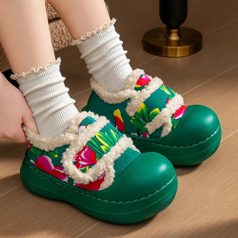 Unisex Winter Flower Pattern Slippers Cloud Feel Platform Warm Shoes