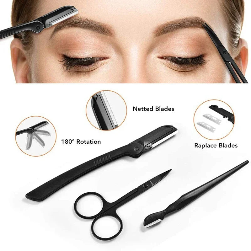 2- Eyebrow Trimmer Razor Scraping Comb Clip Scissors Tweezers Makeup