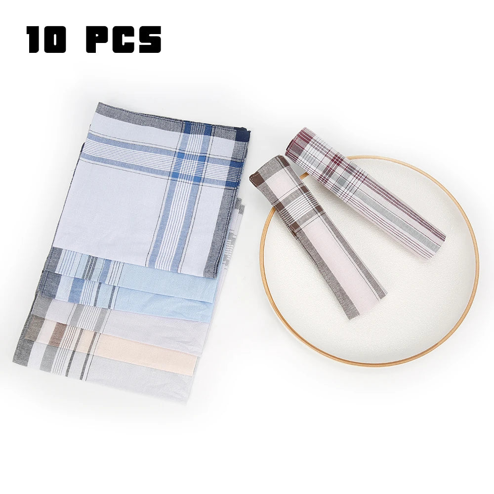 10Pcs Cotton Handkerchiefs Soft Stripe Checkered Pattern Pocket Square Hankies Gentleman for Men Cotton Wedding Suit Handkerchie Zpaxo