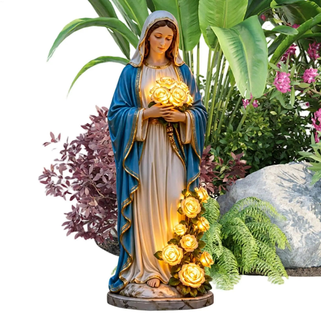 Virgin Mary Garden Statue Lighting Roses Resin Religious Figurine
