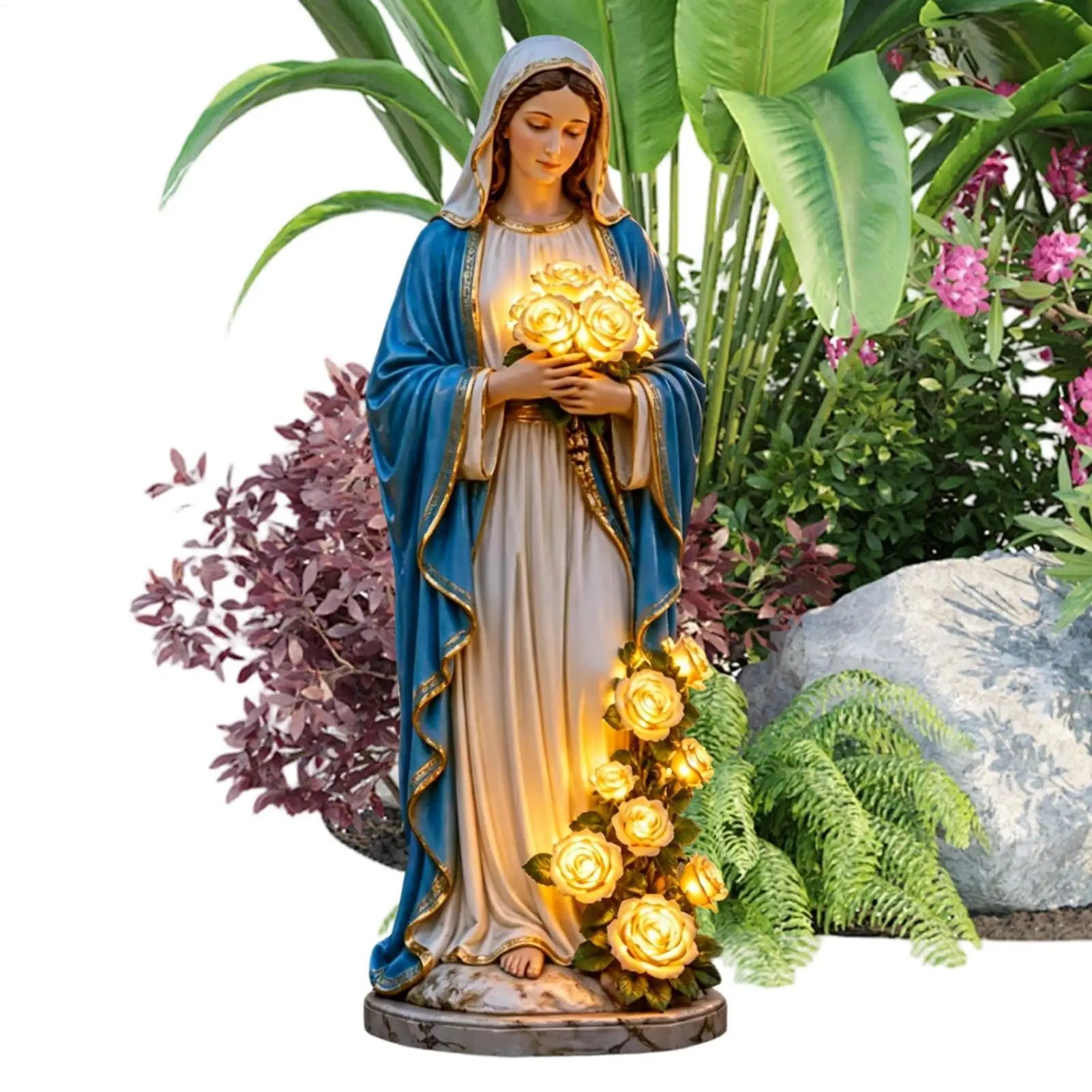 Virgin Mary Garden Statue Lighting Roses Resin Religious Figurine