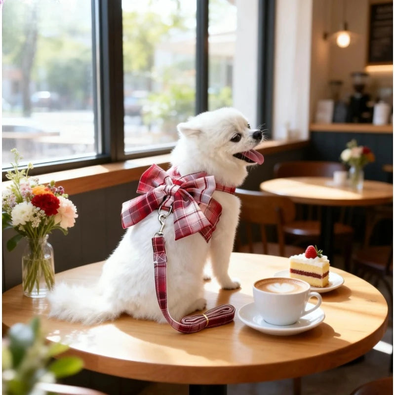 Cute No-pull Dog Harness Adjustable Red Christmas Pet Leash Bowtie