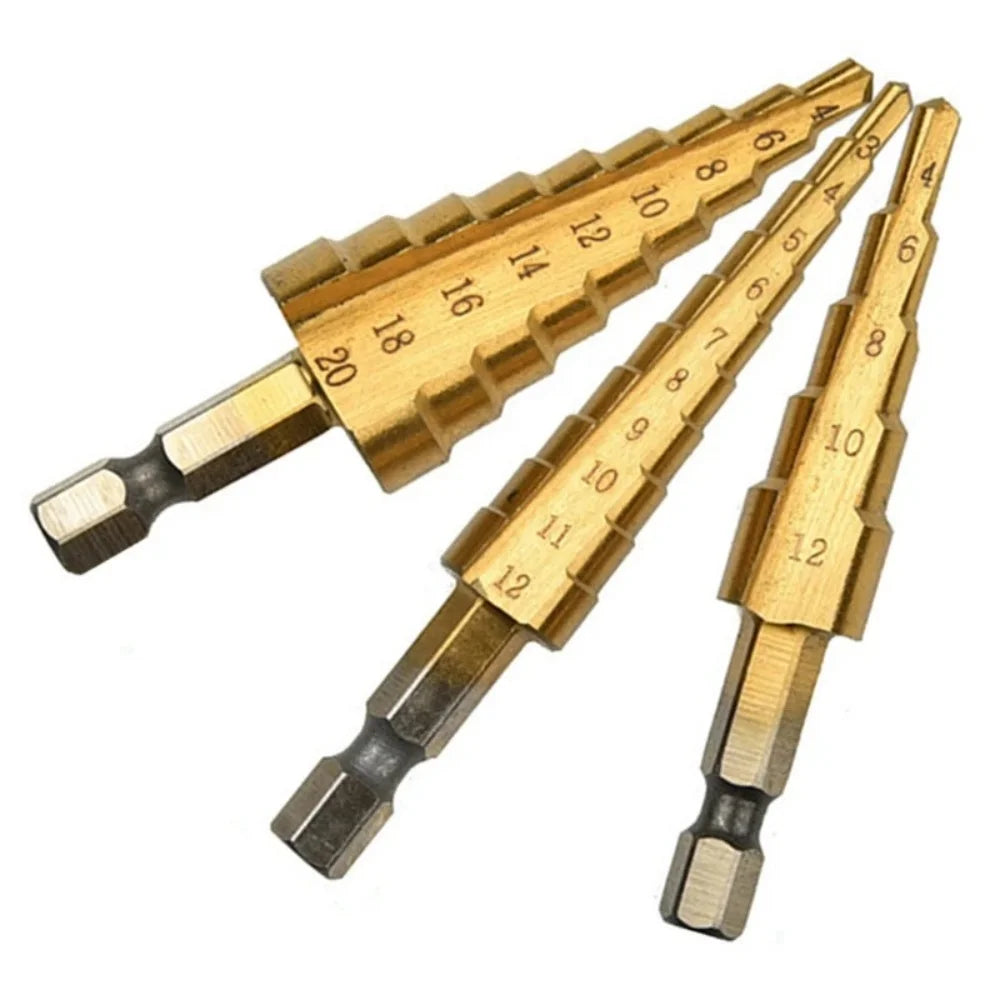 3-Piece Titanium Step Drill Bit Set – 3-12, 4-12, 4-20mm Hex Step Drill Bit Set Zpaxo