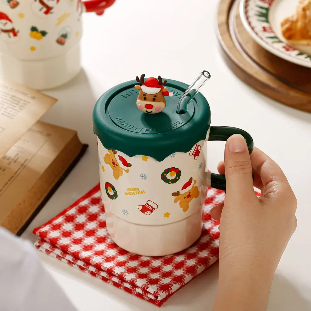 Cute Christmas Mug Lid Spoon Appearance Level Santa Claus Reindeer