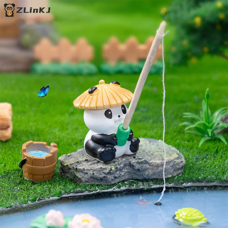 ▶Fishing Frog Panda Figurines Ornament Creative Cartoon Animal Figure Doll Fish Tanks Aquarium Hangable Decor Desktop Decoration Zpaxo