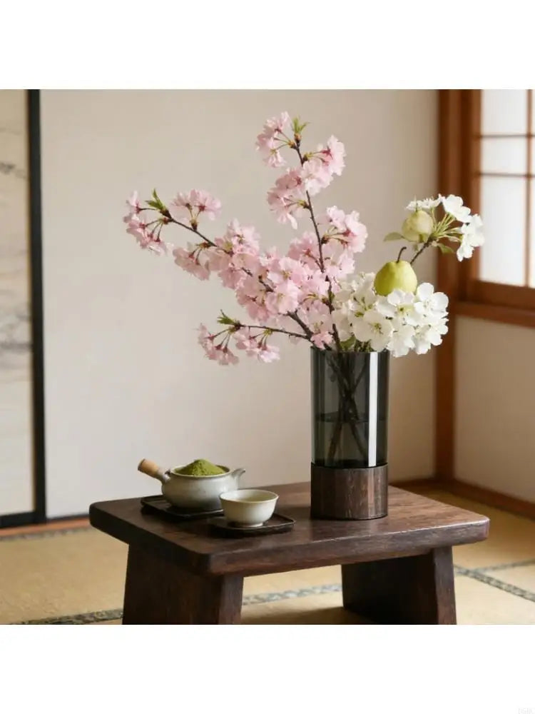 Artistic Acrylic Vases Wooden Base Square Cylindrical Flower Rustics