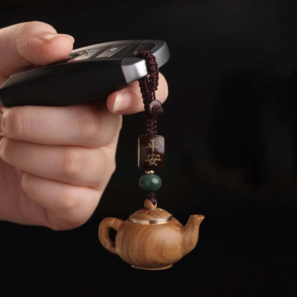 Mini Little Teapot Keychain Waterproof Openable Carved Teapot Pendant Woven Rope Ornament Green Sandalwood Phone Chain Women Zpaxo