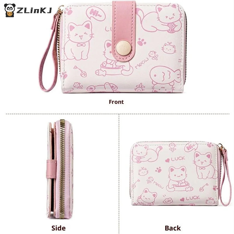 Women Short Wallet PU Leather Cute Cat Coin Purse Folding Zipper ID Zpaxo
