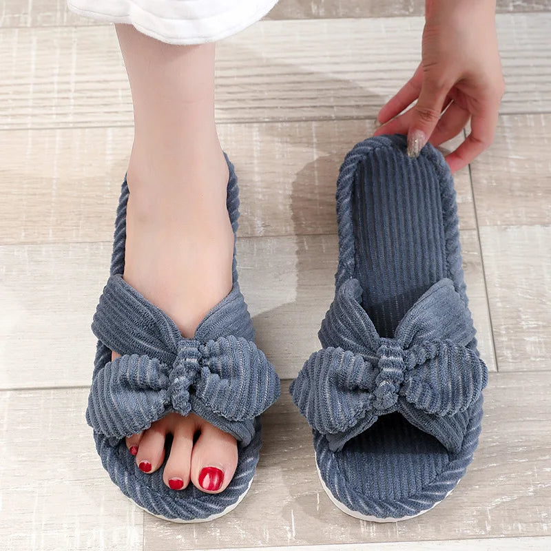 Women's Bow Flat Heel Slippers Home Non-slip Open-toe Breathable All Zpaxo blue 42-43