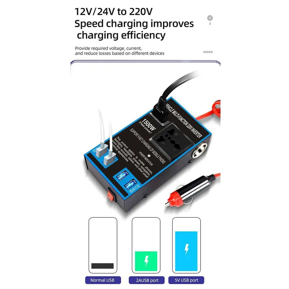 Power Portable Car Inverter DC 12V 24V AC 110V 220V 1500W Universal Zpaxo