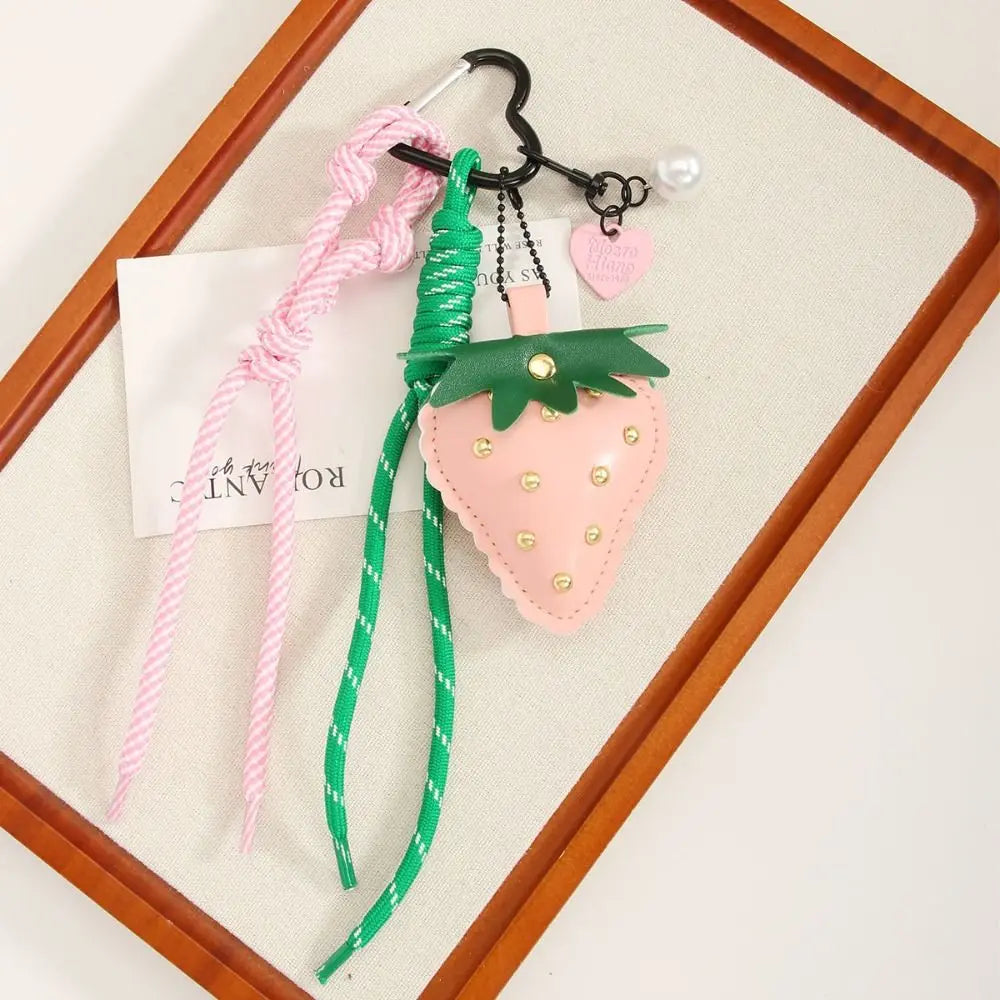 Woven Flower Strawberry Bag Pendant Cherry Backpack Accessories PU Leather Pendant Braided Rope Car Keyring Fruit Keychain Men Zpaxo