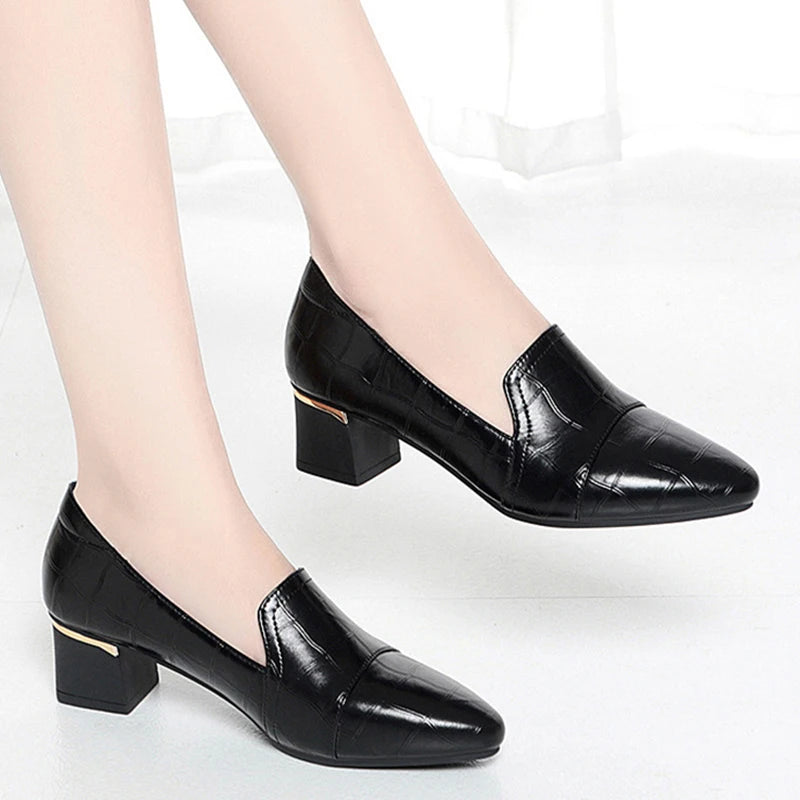 Mom Shoes Spring Autumn Women's Leather Thick Heels Work Comfortable Zpaxo