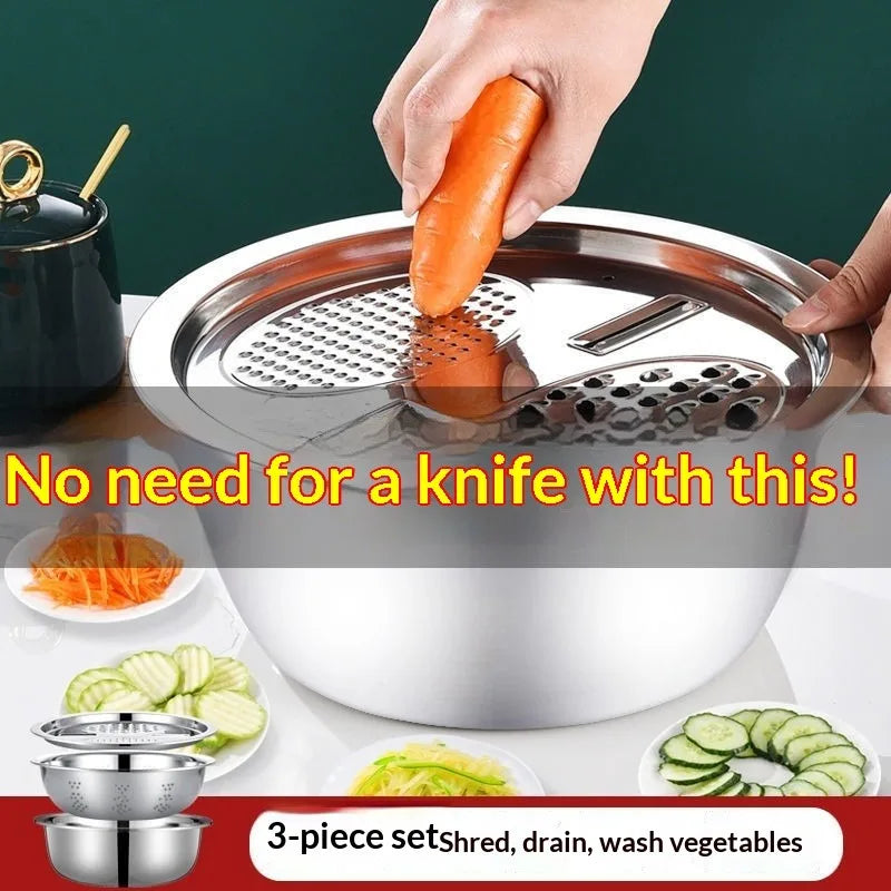 New 3pcs Stainless Steel Multifunctional Strainer, and Mixing Bowl for Washing and Slicing Fruits, Vegetables Tools Zpaxo