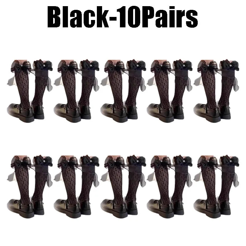 Breathable Lace Bow Over-the-knee Socks Women Sheer Mesh Elastic