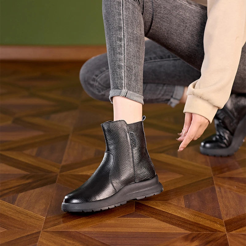 Women Leather Ankle Boots 2026 Round Toe Side Zipper Chunky Sole Zpaxo