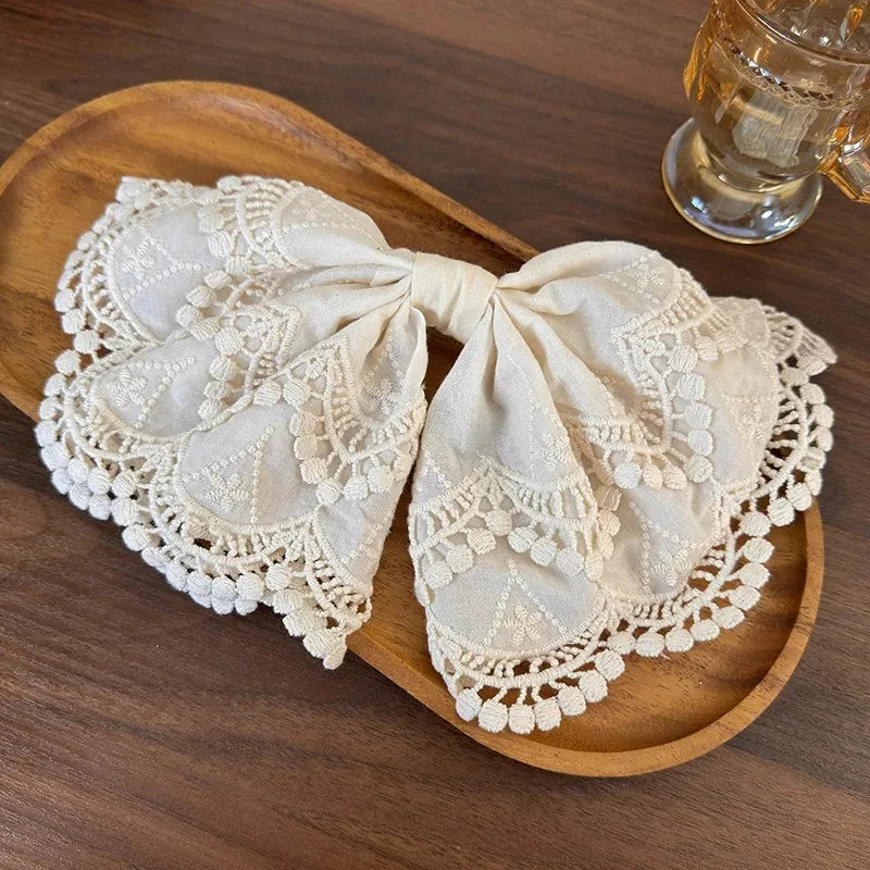 Beige Floral Embroidered Lace Bow Hair Clip Sweet Fashionable Girls