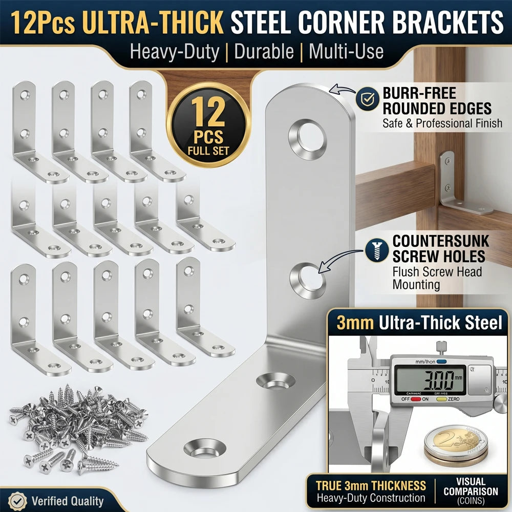 Stainless Steel L Bracket 3mm Thickness 12Pcs Corner Brace Right Angle Support Shelf Connector For Wooden Furniture Bookcase Zpaxo