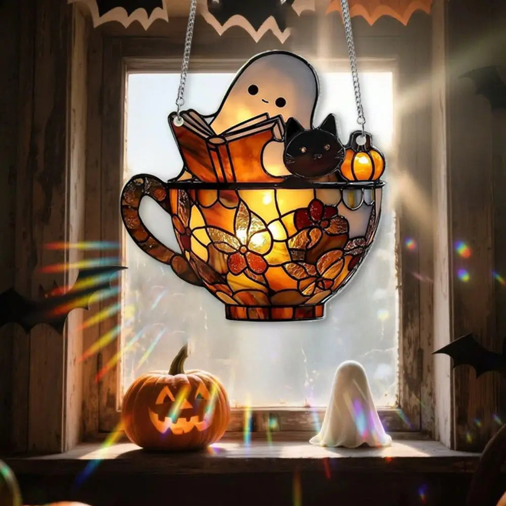 Ghost Reading Book Acrylic Suncatcher Window Ornament | Spooky Window Suncatcher Zpaxo