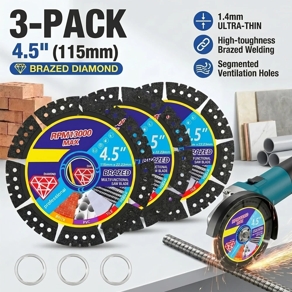 4.5 Inch Diamond Saw Blade Multi Purpose Cutting Disc for Metal Tile Stone Concrete PVC Wood Brazed Angle Grinder Wheels 3PCS Zpaxo