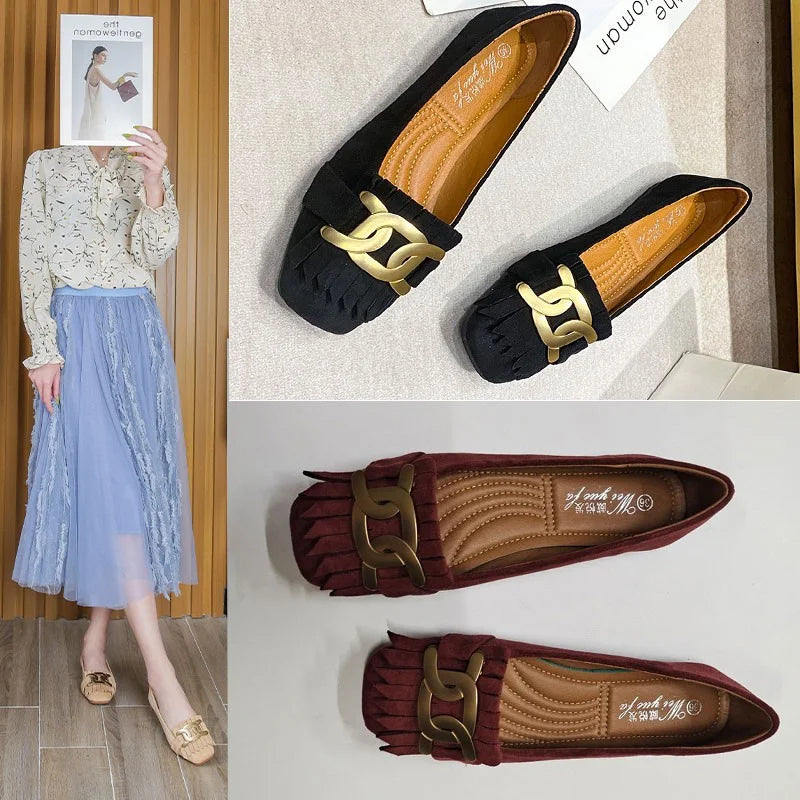 Flat Shoes Woman Retro Tassels Square Shallow Single Shoes for Women 2023 New Metal Buckle Flat Loafers Women Big Size 45 45 46 Zpaxo