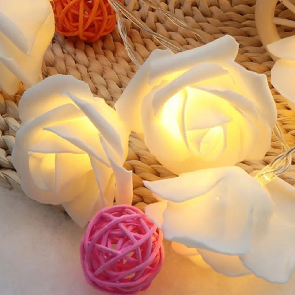 1 2M Artificial White Rose Fairy String Lights Battery