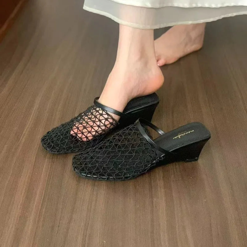 Fishing Net Woven Hollow Sandals Women Summer Skirt Block Heel Square Zpaxo black 37