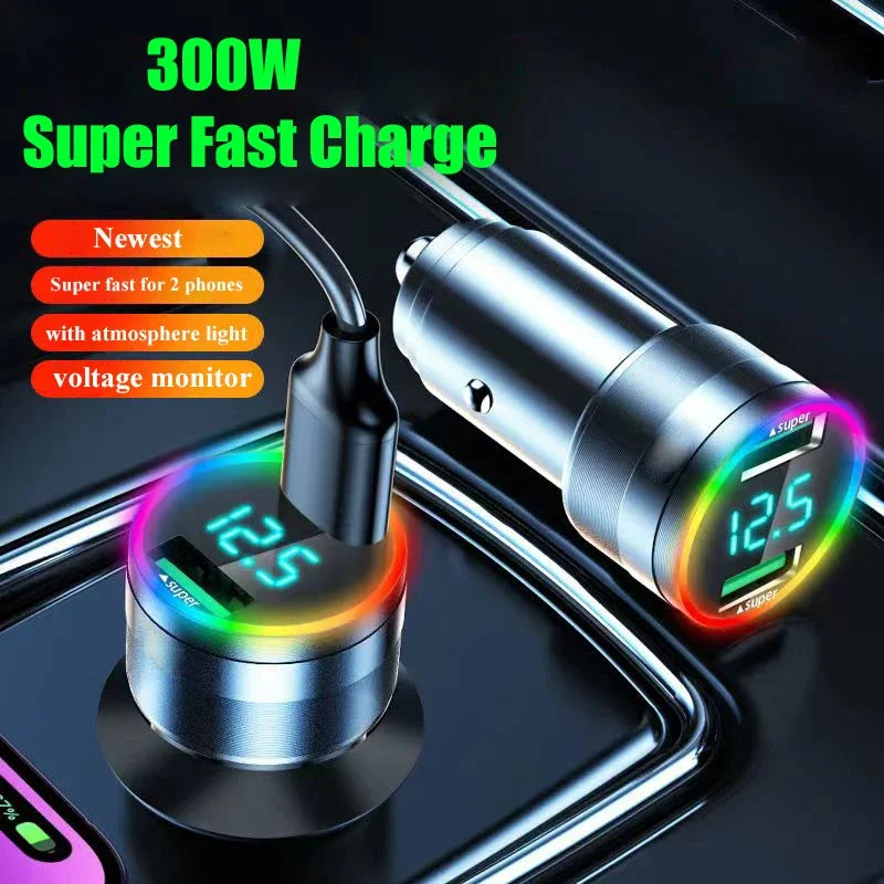 300W Dual Port USB Car Charger LED Light Voltage Monitor Fast Zpaxo