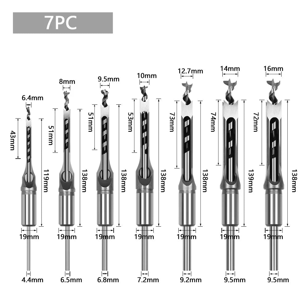 Woodworking Square Drill Bits HSS Twist Hole Auger Mortising Chisel Zpaxo 7pcs