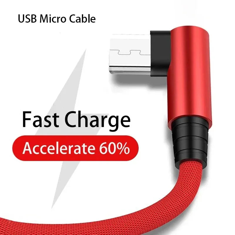 90° Elbow Micro USB Cable 3A Fast Charging – 1 or 3 Pack
