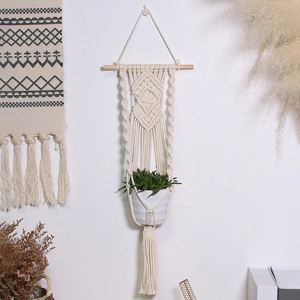 Handmade woven mesh bag flower pot plant hanging basket tapestry simple home decor homestay balcony decoration Zpaxo