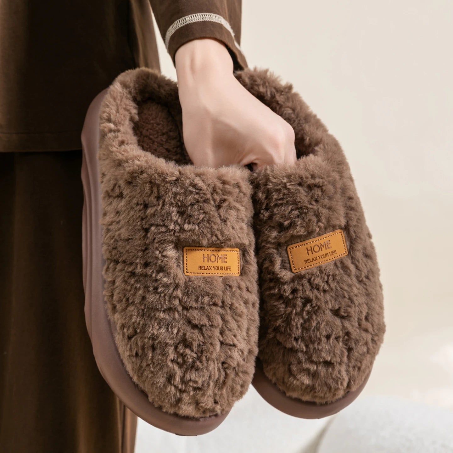Women's Winter Slippers Indoor Non-slip Fleece Lined Warm House Shoes Zpaxo Coffee 42-43