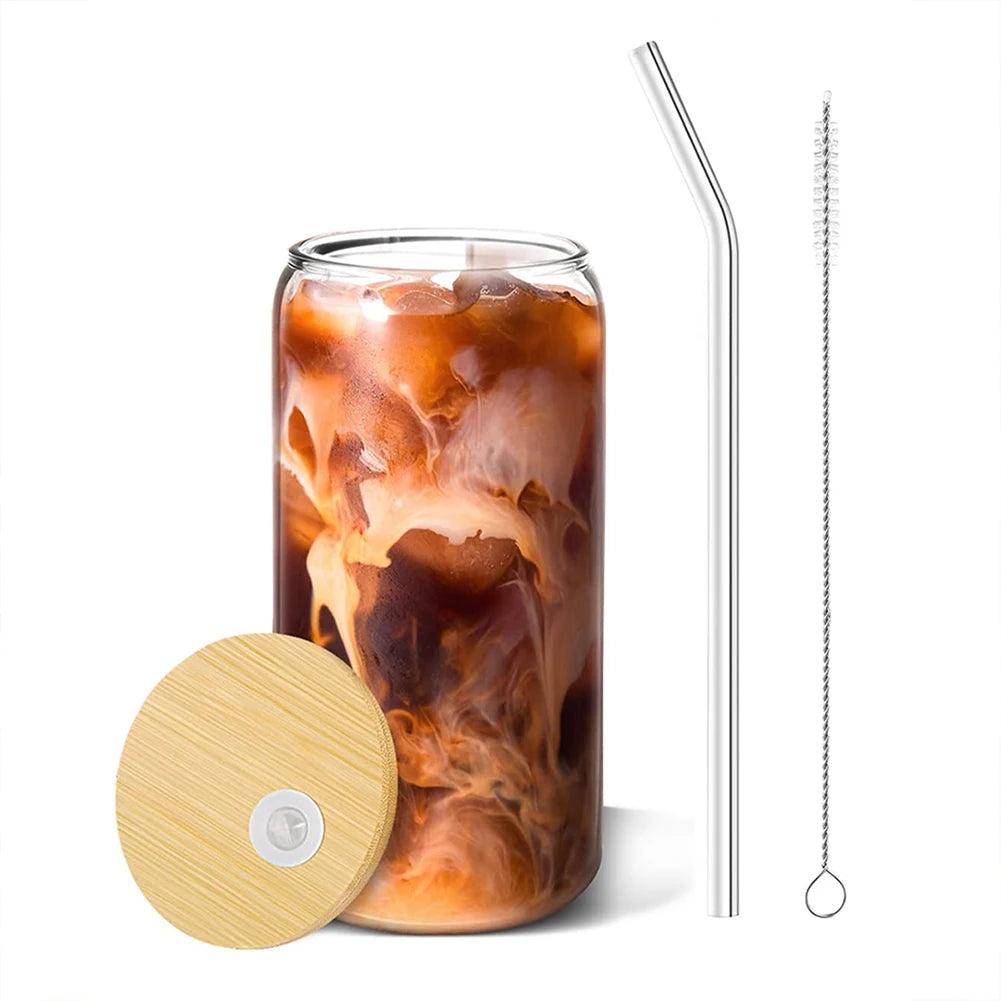 Drinking Glasses with Bamboo Lids and Glass Straw and Cleaning Brush 16oz Can Shaped Beer Coffee Cocktail Whiskey Cups Glasses Zpaxo