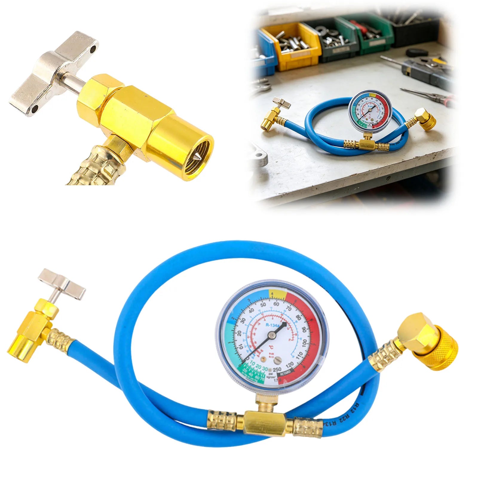 R1234YF AC Refrigerant Can Hose Gauge Charging Measuring Fits Car Air
